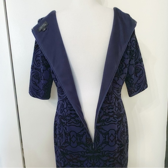 Tahari Arthur S. Levine Blue Brocade Velvet Short Sleeve Midi Dress - Picture 6 of 10